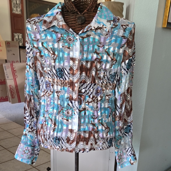 Le Caviar Abstract Pattern Sheer Blouse - Picture 1 of 16